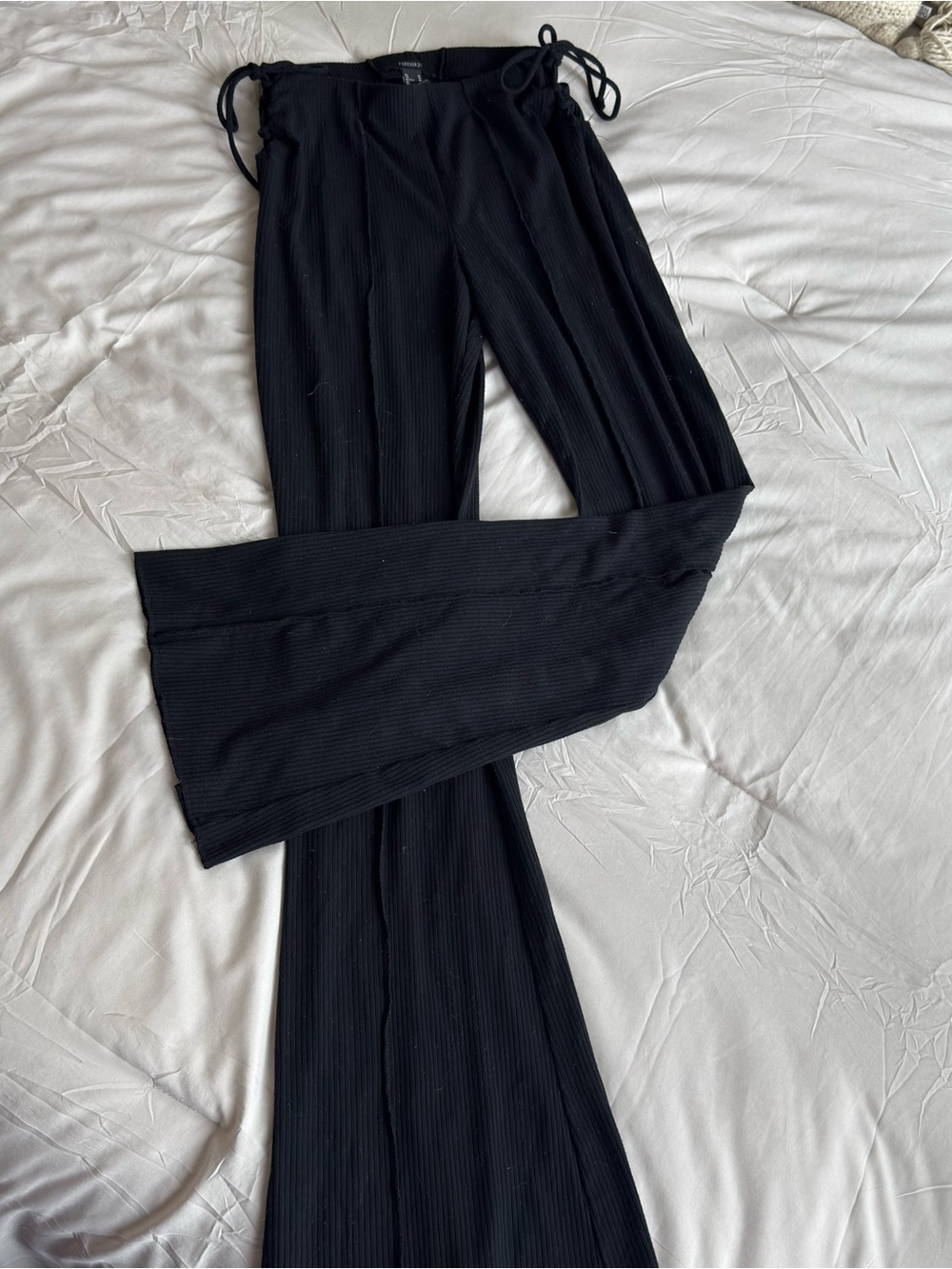 Forever 21 Black Ribbed Wide-Leg Pants with Side Tie Waist